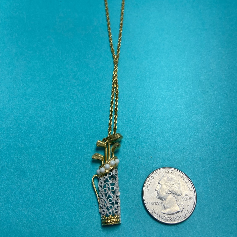 Elegant Gold  & White Golf Bag Pendant Necklace